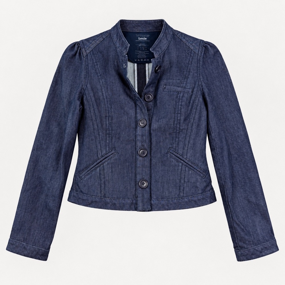 Louie Women 4 Dark Wash Denim Military Jacket Cropped Structured Fitted Moto Y2K